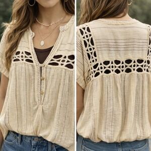Free People Cedar Lace Crochet Cutout Boho Blouse Cream Striped Short Sleeve